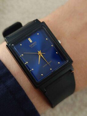 Casio Unisex Watch MQ-38 Blue Dial Tank Style Quartz 26mm Silicone Strap Gold